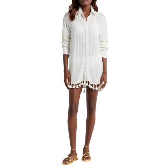 NEW RAMY BROOK roman coverup button down top in white stripe - Picture 1 of 5